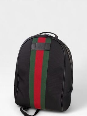 Gucci Black Techno Canvas Backpack with Iconic Green and Red Web Stripe